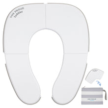 Load image into Gallery viewer, Large Image of Deployed Potty Proud Seat with Smaller Image of Folding Seat Going Into Carry Bag in Corner